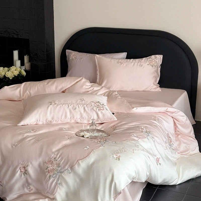 Popxstar  600TC Lyocell Bamboo Fiber Soft Silky Bedding Set Pink Flowers Embroidery Duvet Cover Flat/Fitted Bed Sheet Pillowcases 3/4Pcs