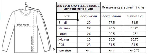 ATC Every Day Fleece Hoodie Measurement Chart