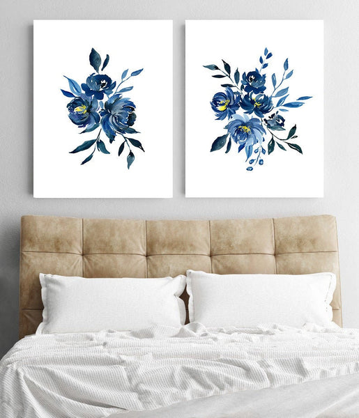 Blue Flower Artwork, Flower Art Prints or Canvas Set of 2, Watercolor Blue Print Set, Blue Flower Decor, Blue Office Wall Art