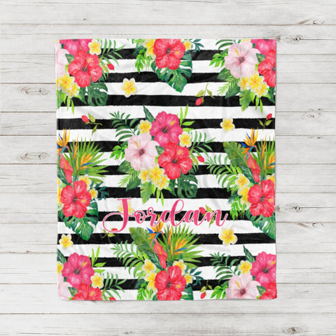 Tropical Flowers Blanket, Tropical Floral Stripe Personalized Blanket, Tropical Flowers Baby Girl Gift, Tropical Floral Teen Room Decor