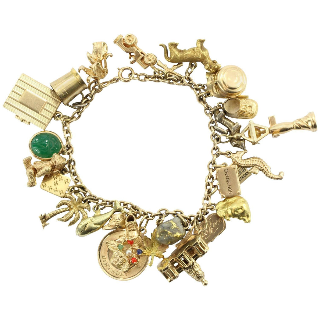 Antique 1940's 14k Gold Loaded 26 Charm Bracelet w Cartier & Tiffany C