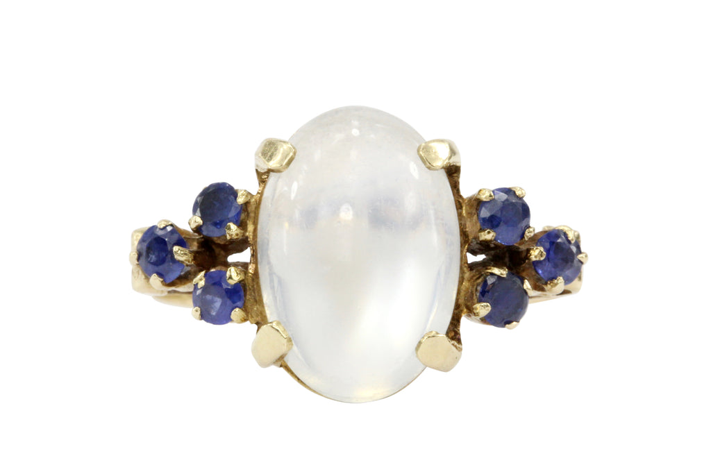 14K Yellow Gold 4 CT Moonstone and Blue Sapphire Ring — Queen May