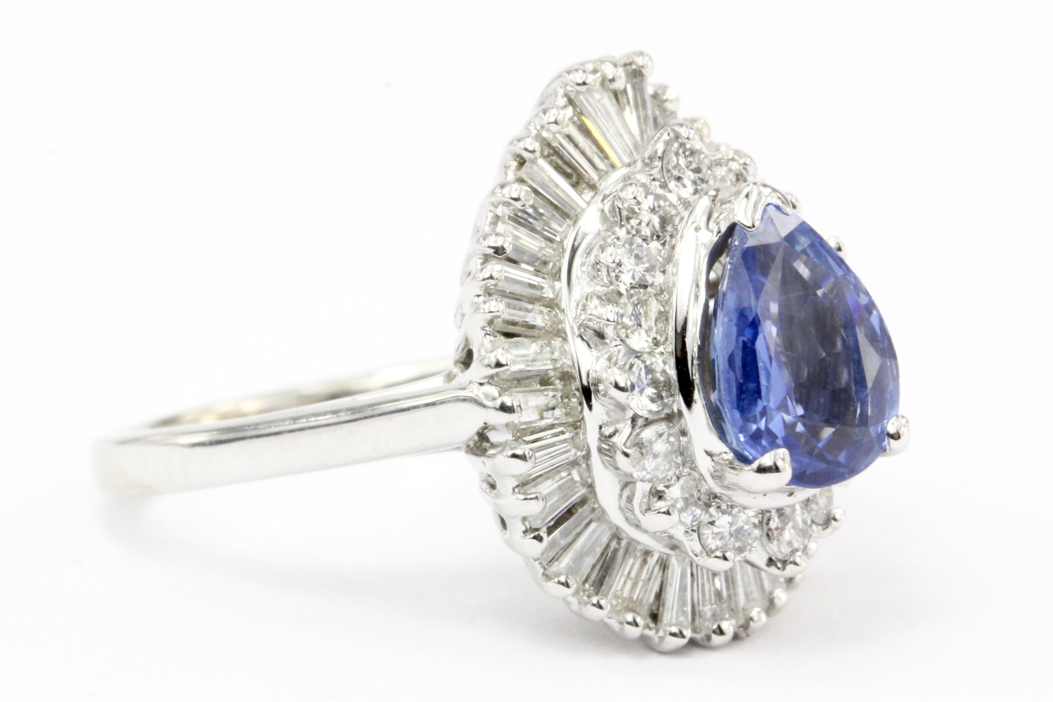 Natural Blue Pear Shaped Sapphire with Diamond Halo 14K White Gold Rin ...