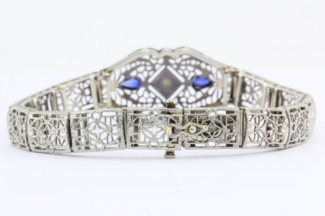 Art Deco 14K White Gold Diamond Sapphire Filigree Bracelet c.1930's - Queen May