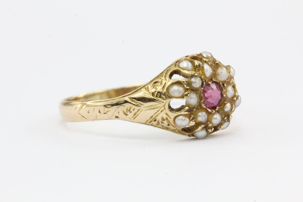 English Edwardian 15ct Gold Ruby & Seed Pearl Ring c.1910 — Queen May