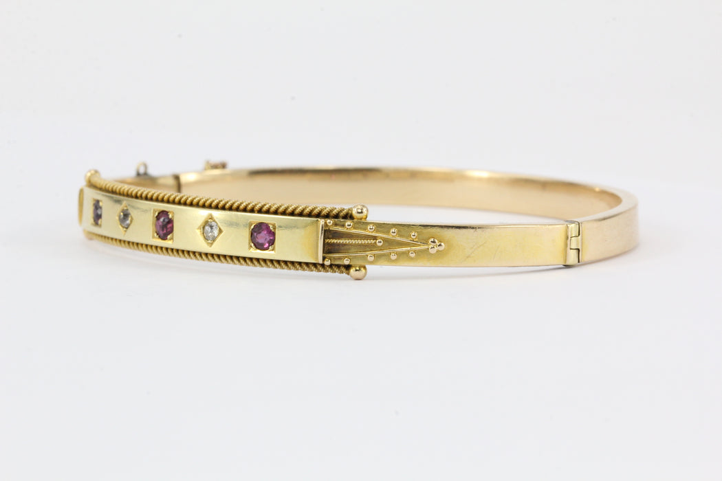 English 15ct Gold Victorian Ruby & Diamond Bangle Bracelet — Queen May