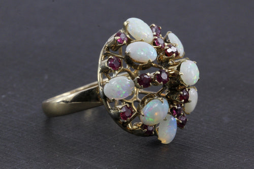 Retro 18K Yellow Gold Opal and Ruby Cocktail Ring Size 7.5 – QUEEN MAY