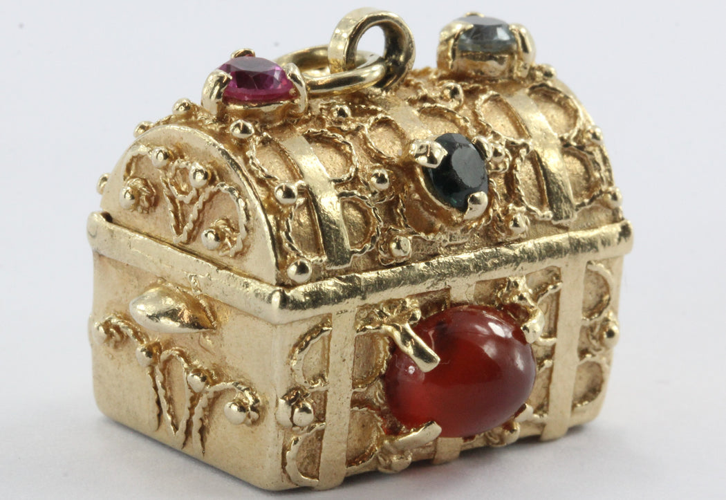 Vintage 14K Gold Gem Stone Studded Etruscan Treasure Chest Pendant Cha ...