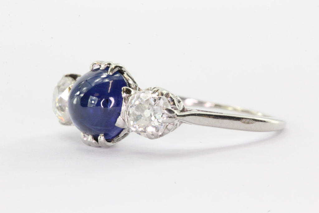 Antique Edwardian Platinum 3.18 Carat Blue Sapphire & Diamond Engageme ...