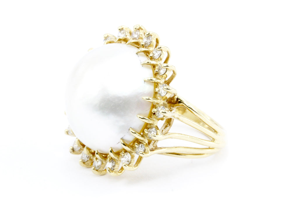 14k Gold Mabe Pearl & Diamond Halo Ring — Queen May