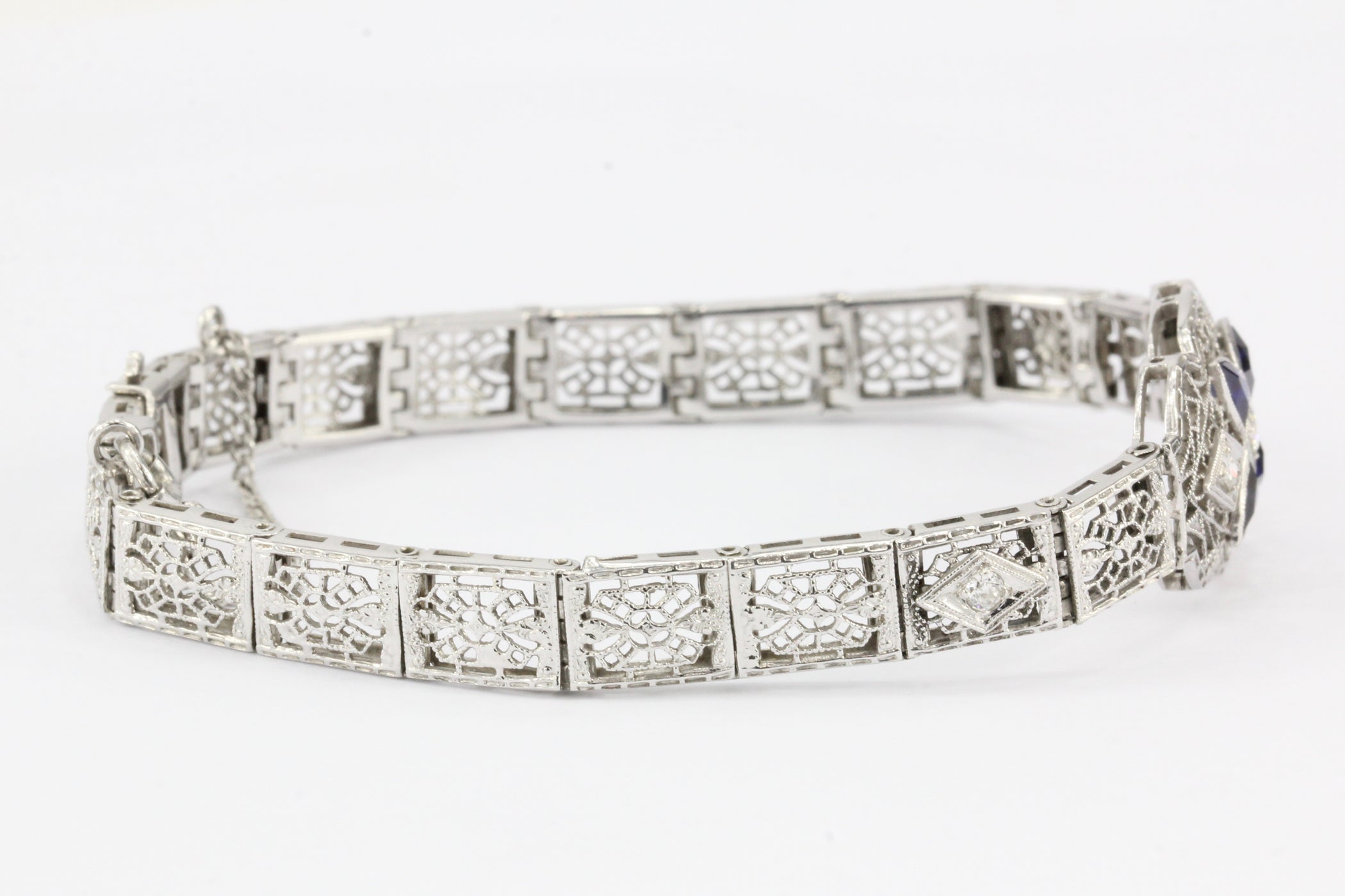 Art Deco 14K White Gold Diamond Sapphire Filigree Bracelet c.1920's ...
