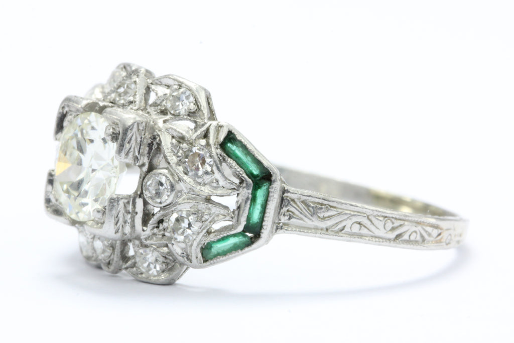 Art Deco Platinum Diamond and French Cut Emerald Ring c.1920 — Queen May