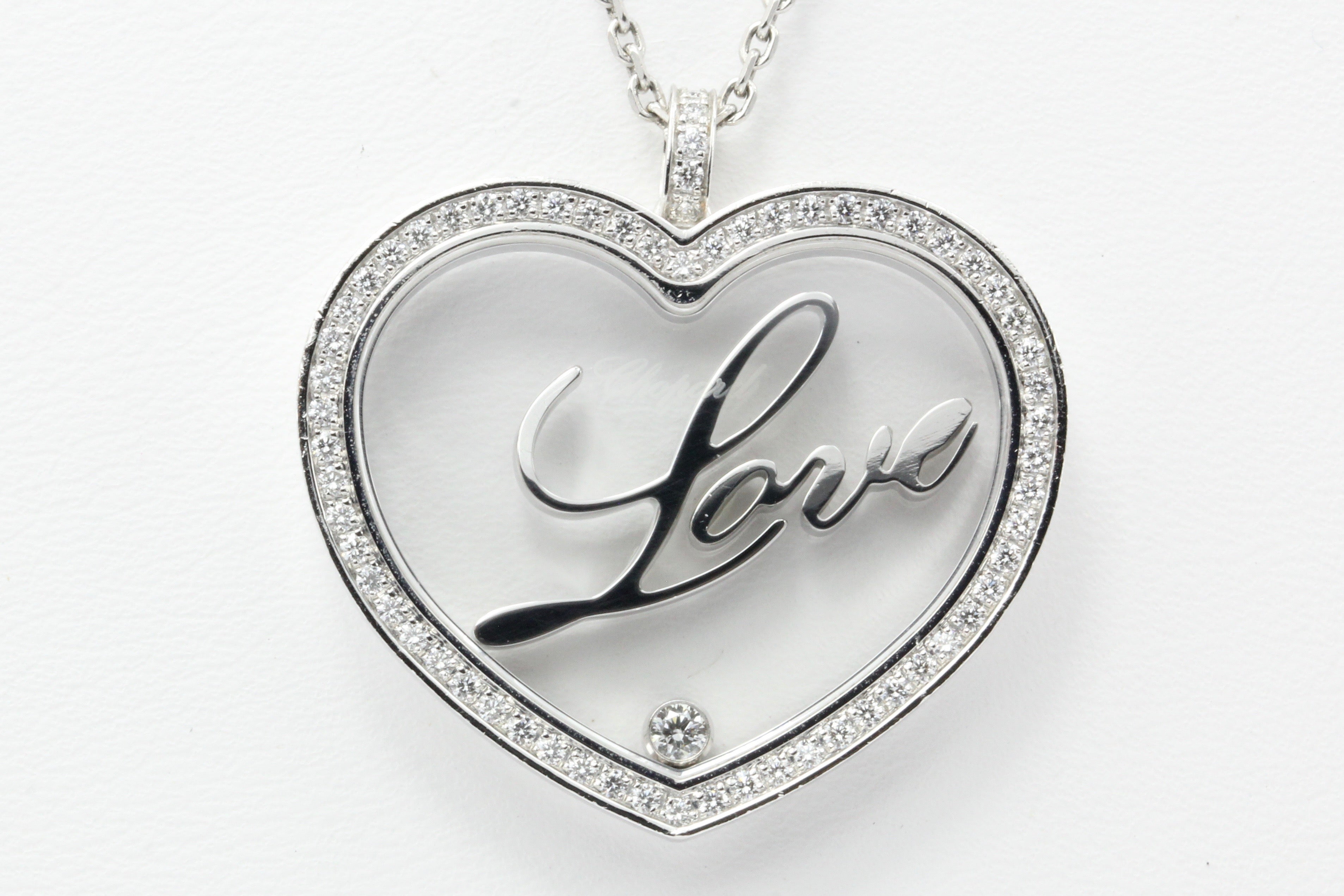 Chopard 18k White Gold Floating Diamond Happy Love Heart Pendant Neckl