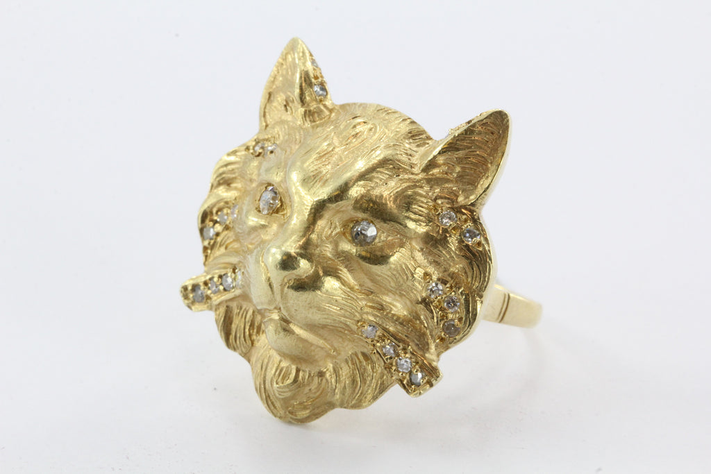 18K Gold & Diamond Large Chunky Cat Face Ring — Queen May