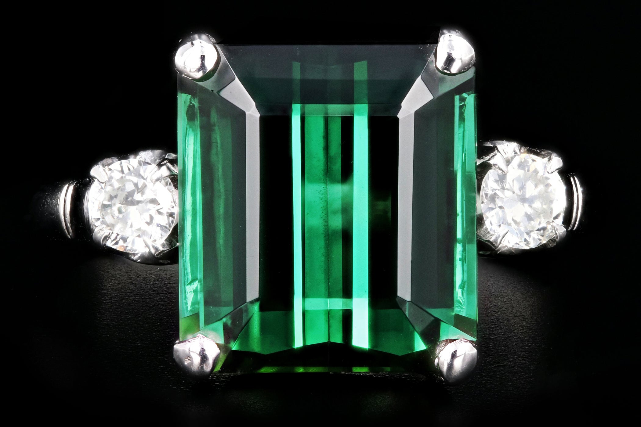 Modern Platinum 6.35 Carat Green Tourmaline and Diamond Ring — Queen May