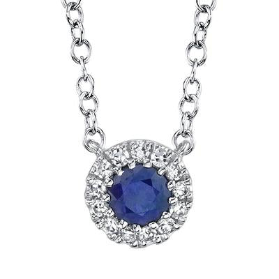 14K White Gold Sapphire & Diamond Halo Pendant Necklace
