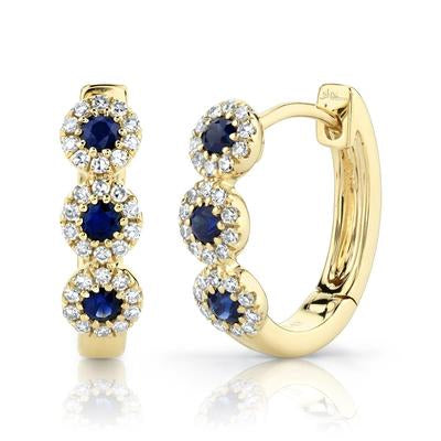 14K Yellow Gold Sapphire & Diamond Halo Huggie Earrings