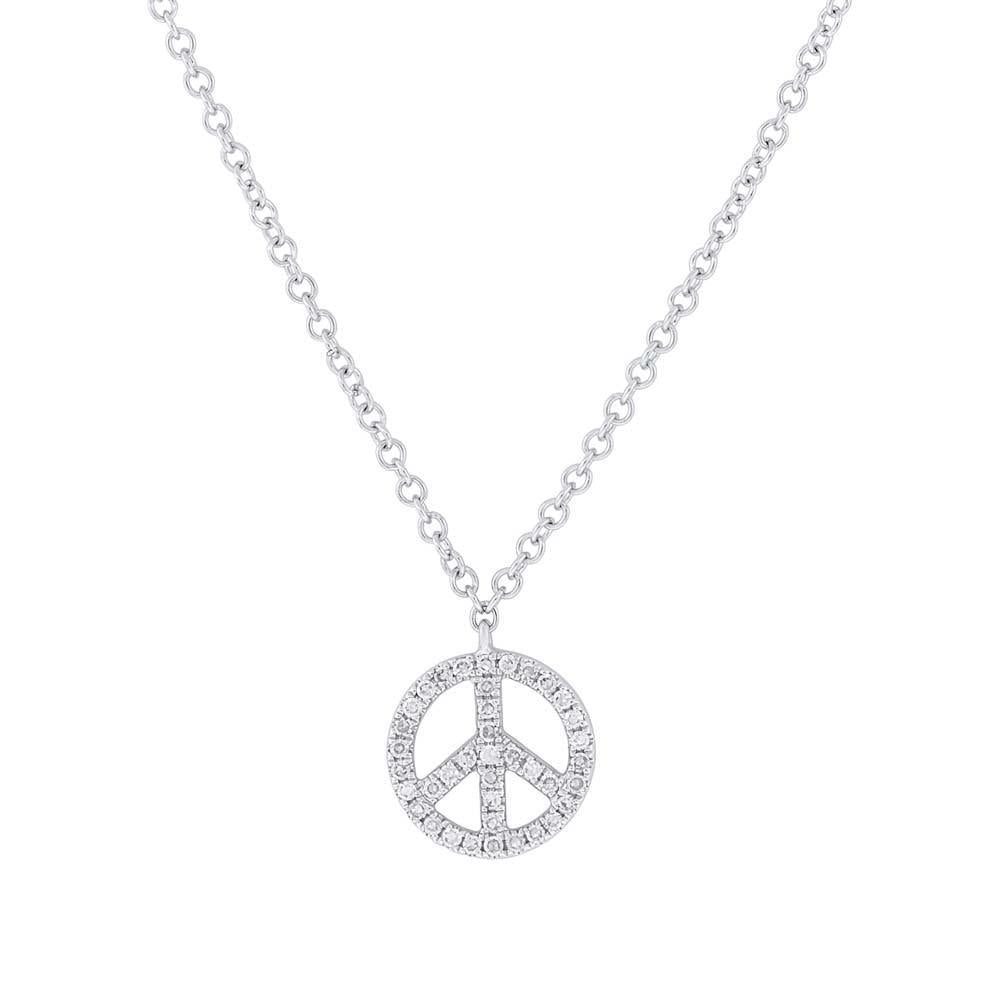 New 14K White Gold Mini Diamond Peace Sign Pendant Necklace