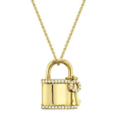 14K Yellow Gold Diamond Lock & Key Pendant Necklace