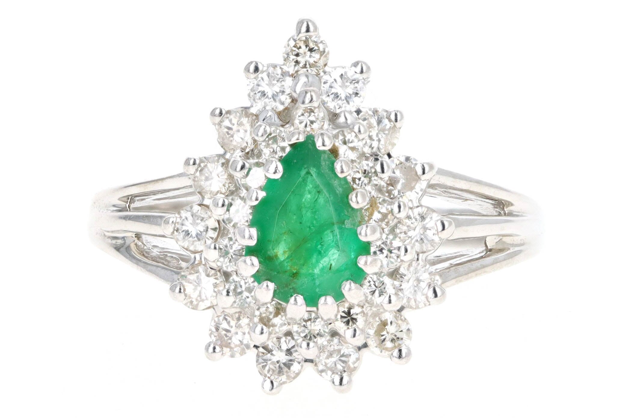 Vintage 14K White Gold .50 Carat Pear Cut Emerald & Diamond Halo Ring