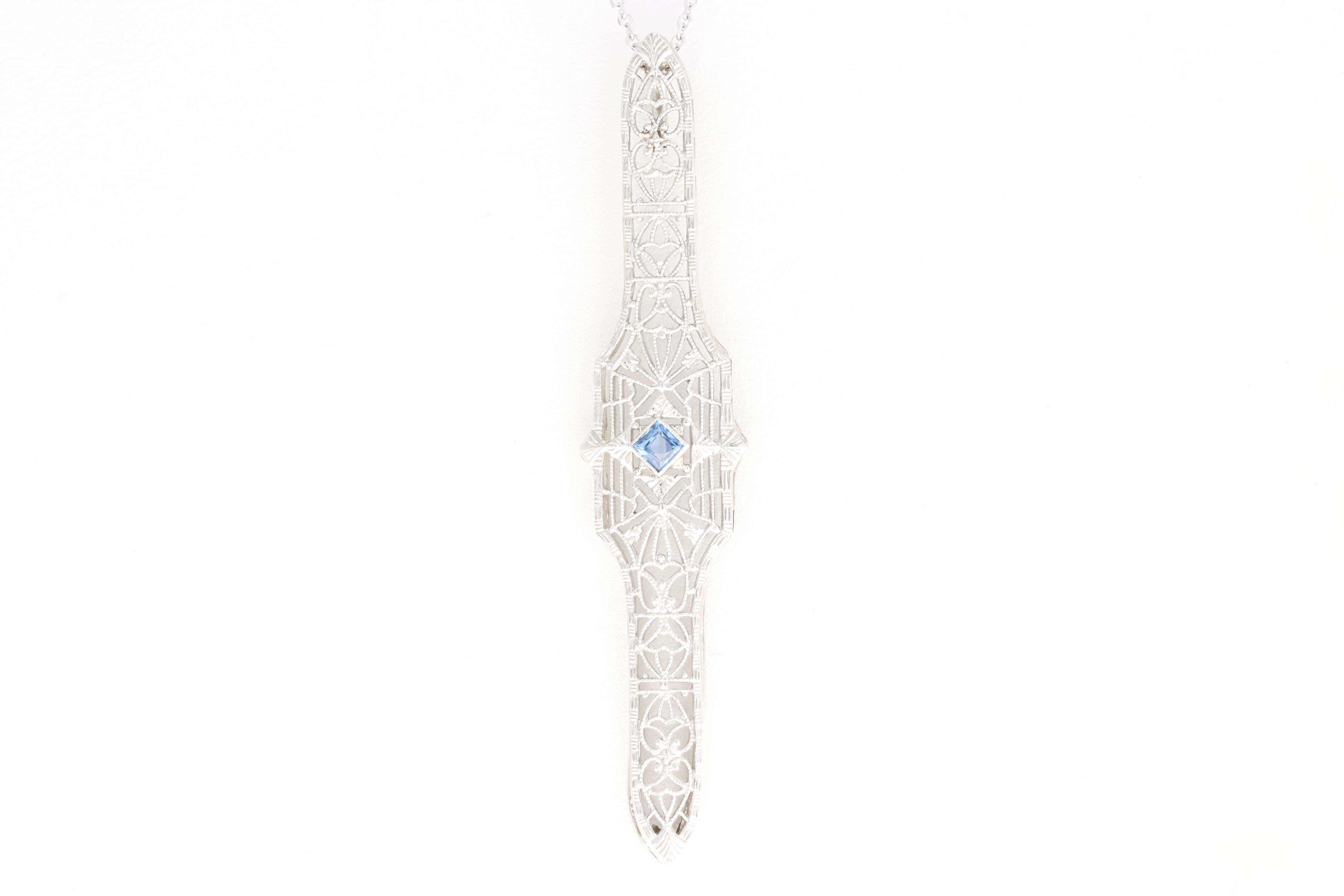 Art Deco 14K White Gold .12 Carat Natural Sapphire Bar Pin Conversion Pendant Necklace