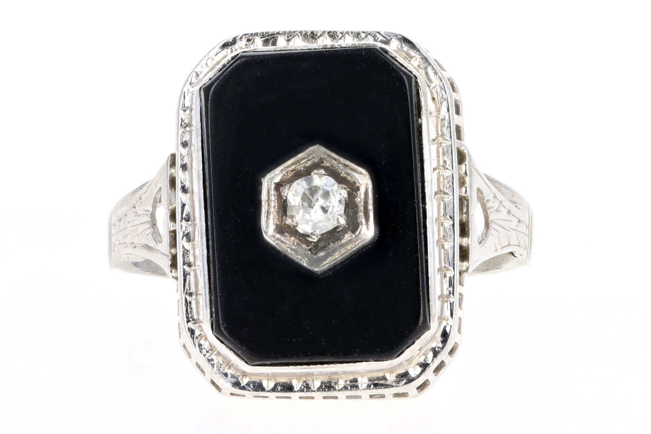 Art Deco 14K White Gold Black Onyx & Antique Single Cut Diamond Ring