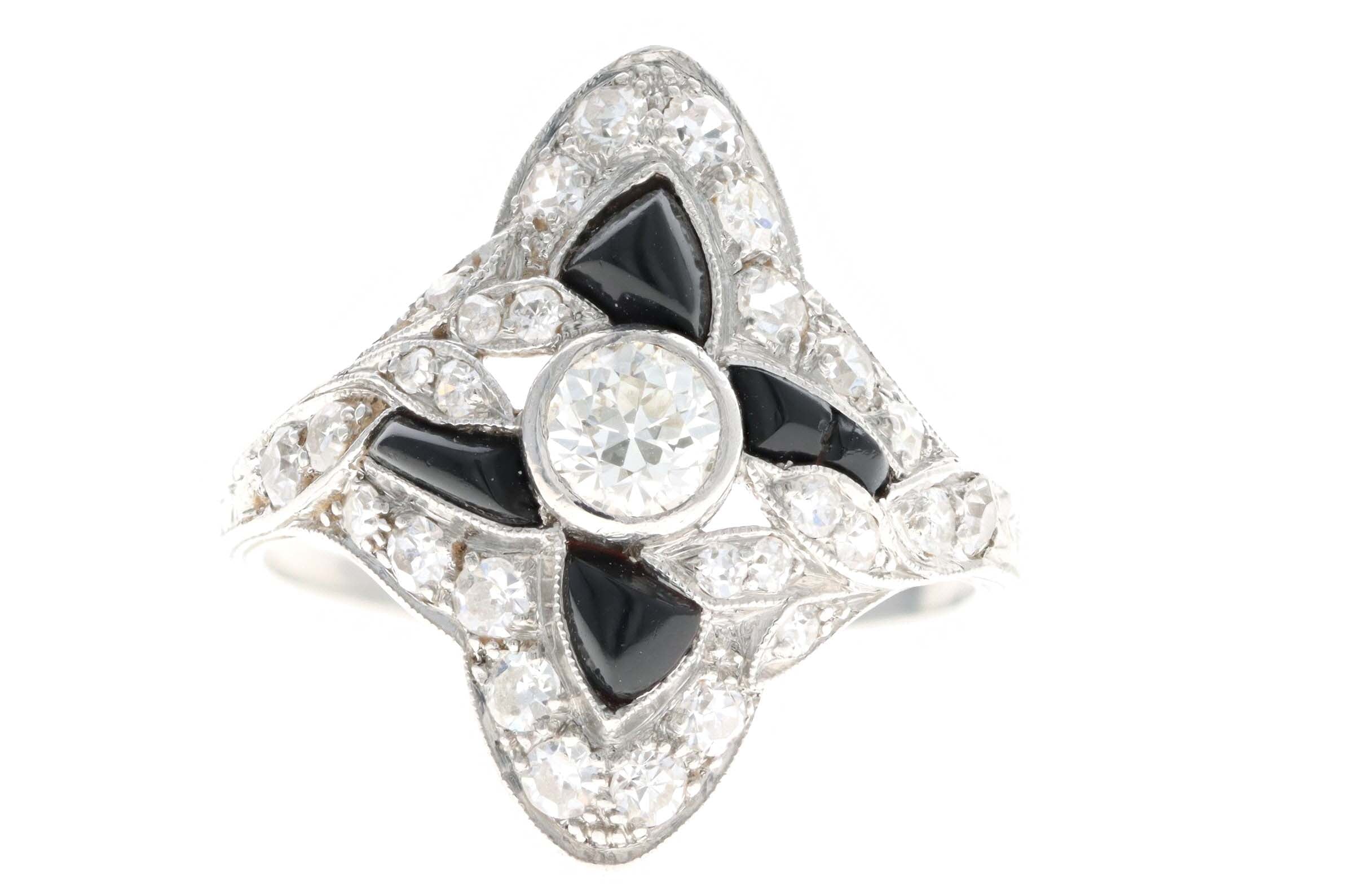 Art Deco Platinum .35 Carat Old European Cut Diamond & Black Onyx Ring