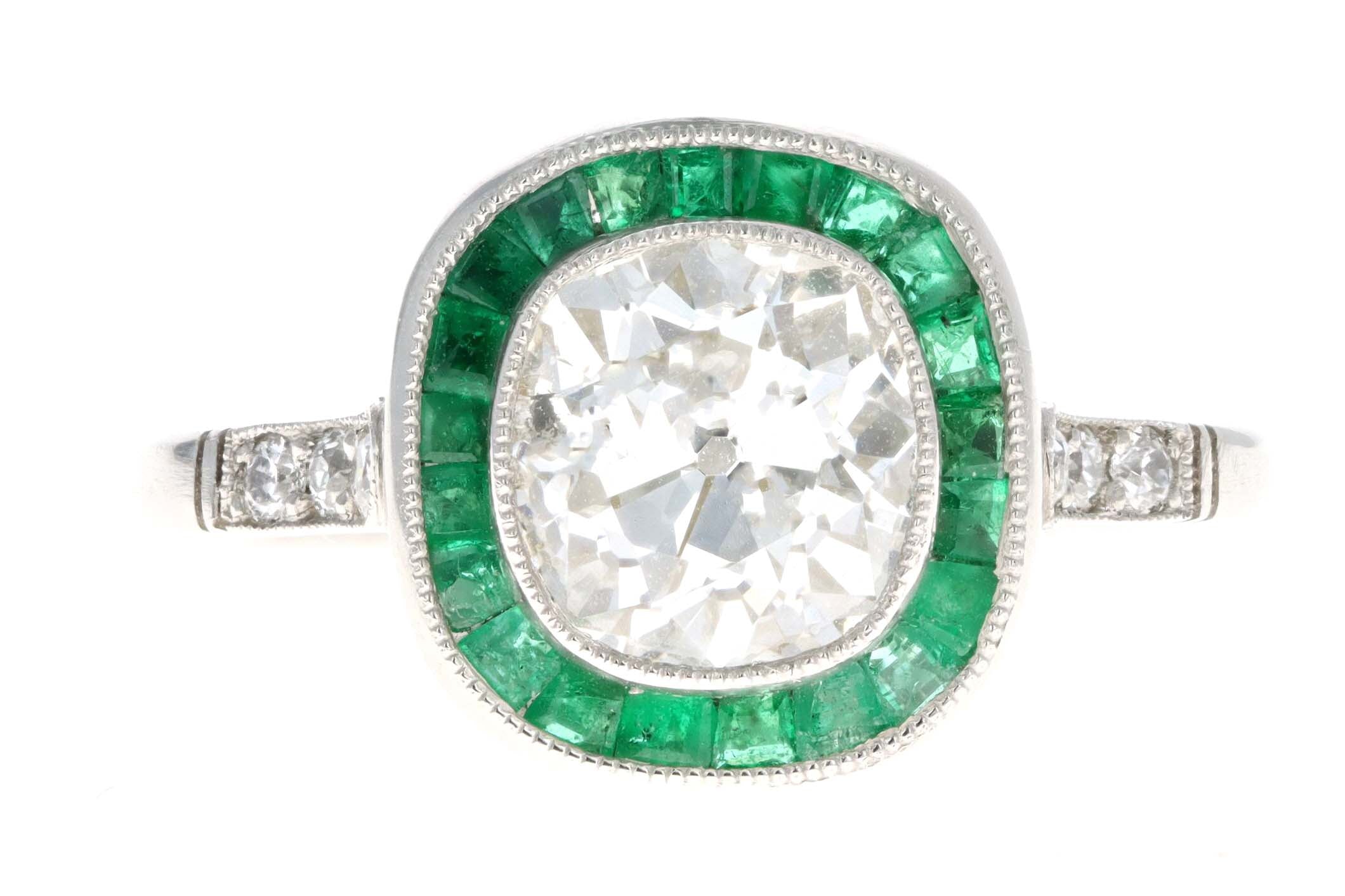 Art Deco Inspired 1.80 Carat Old Mine Diamond & Natural Emerald Halo Engagement Ring