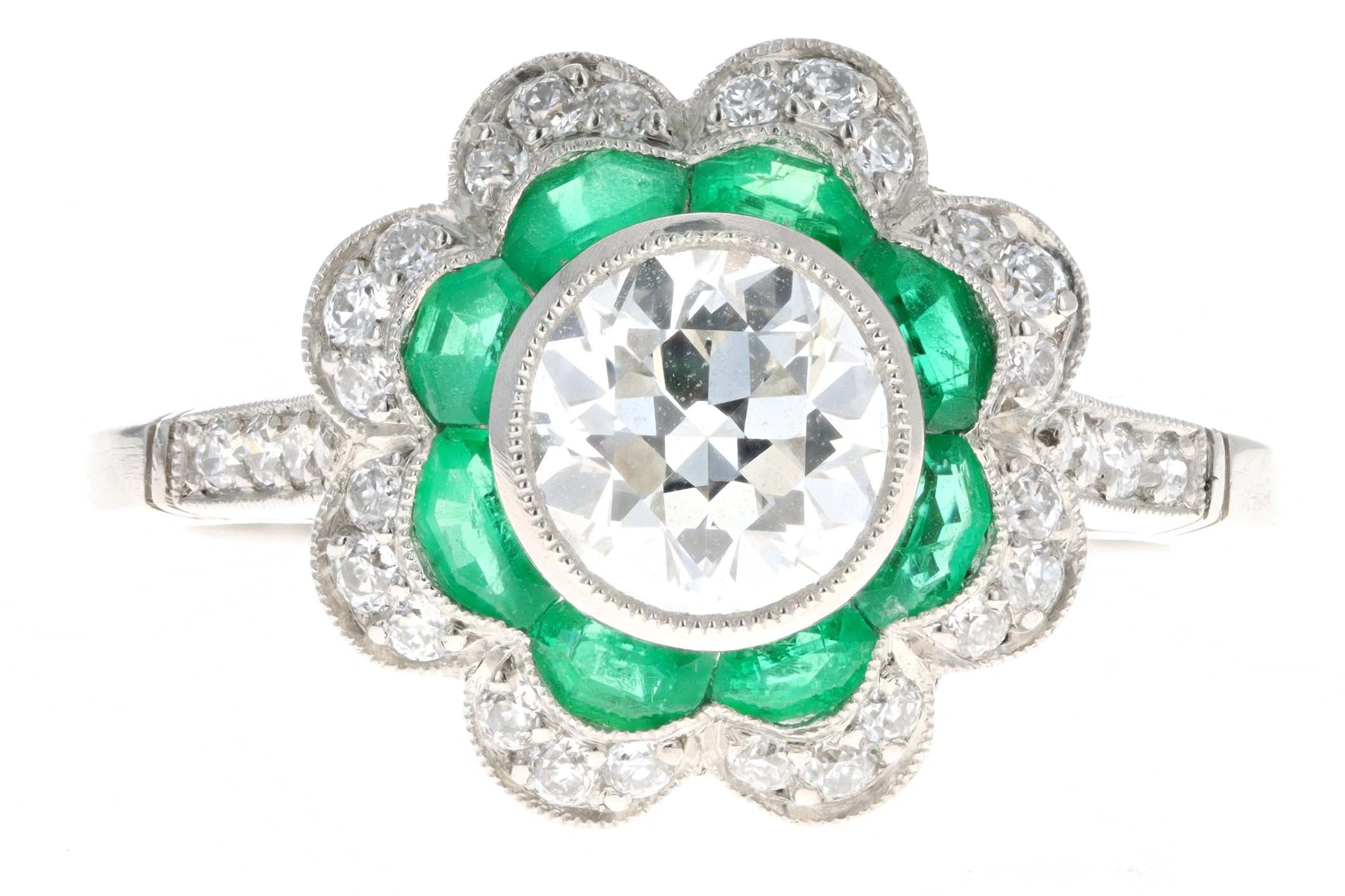 Art Deco Inspired Platinum 1.03 Carat Old European Diamond & Natural Emerald Engagement Ring