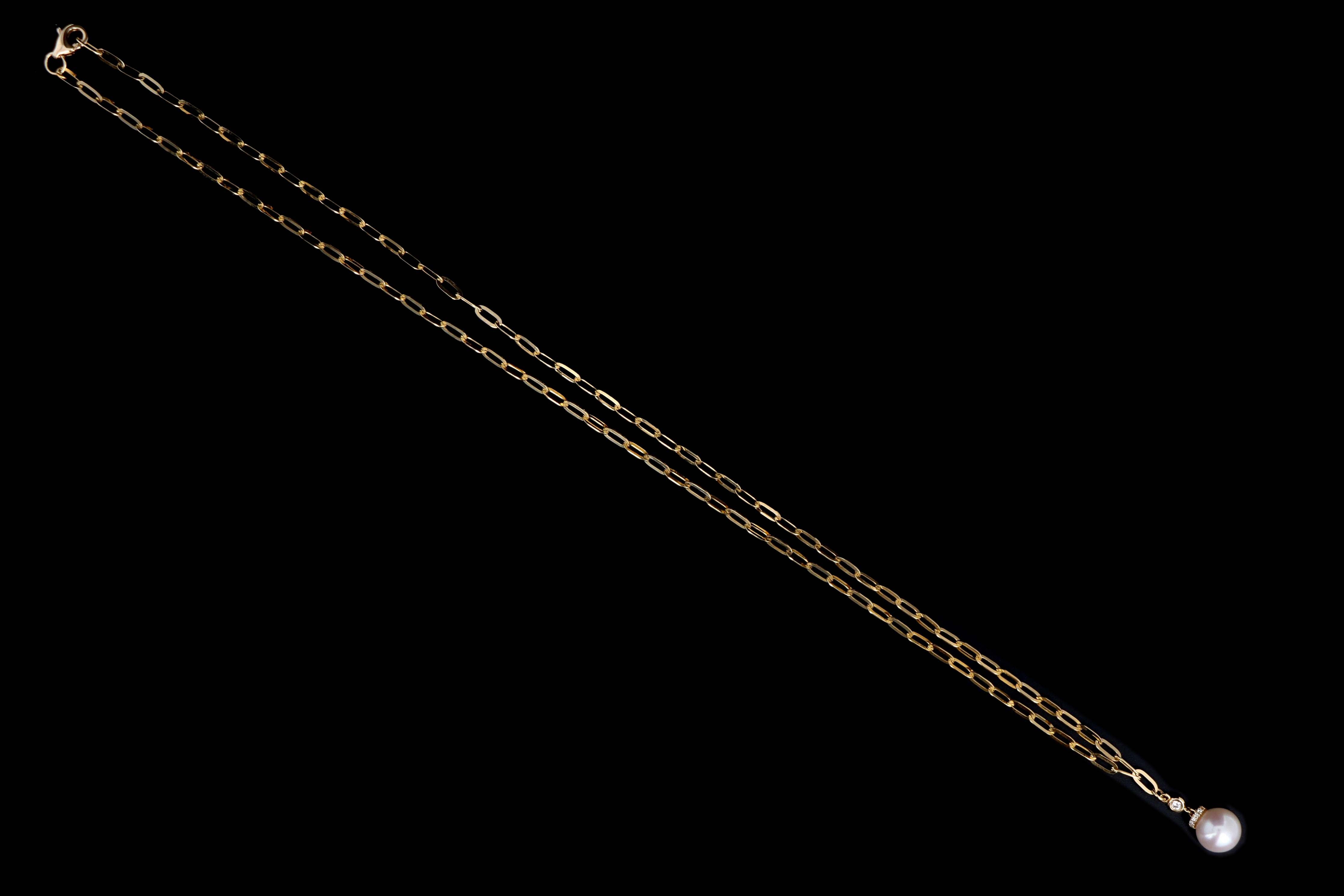 14K Gold Pearl & Diamond Paperclip Chain Pendant Necklace