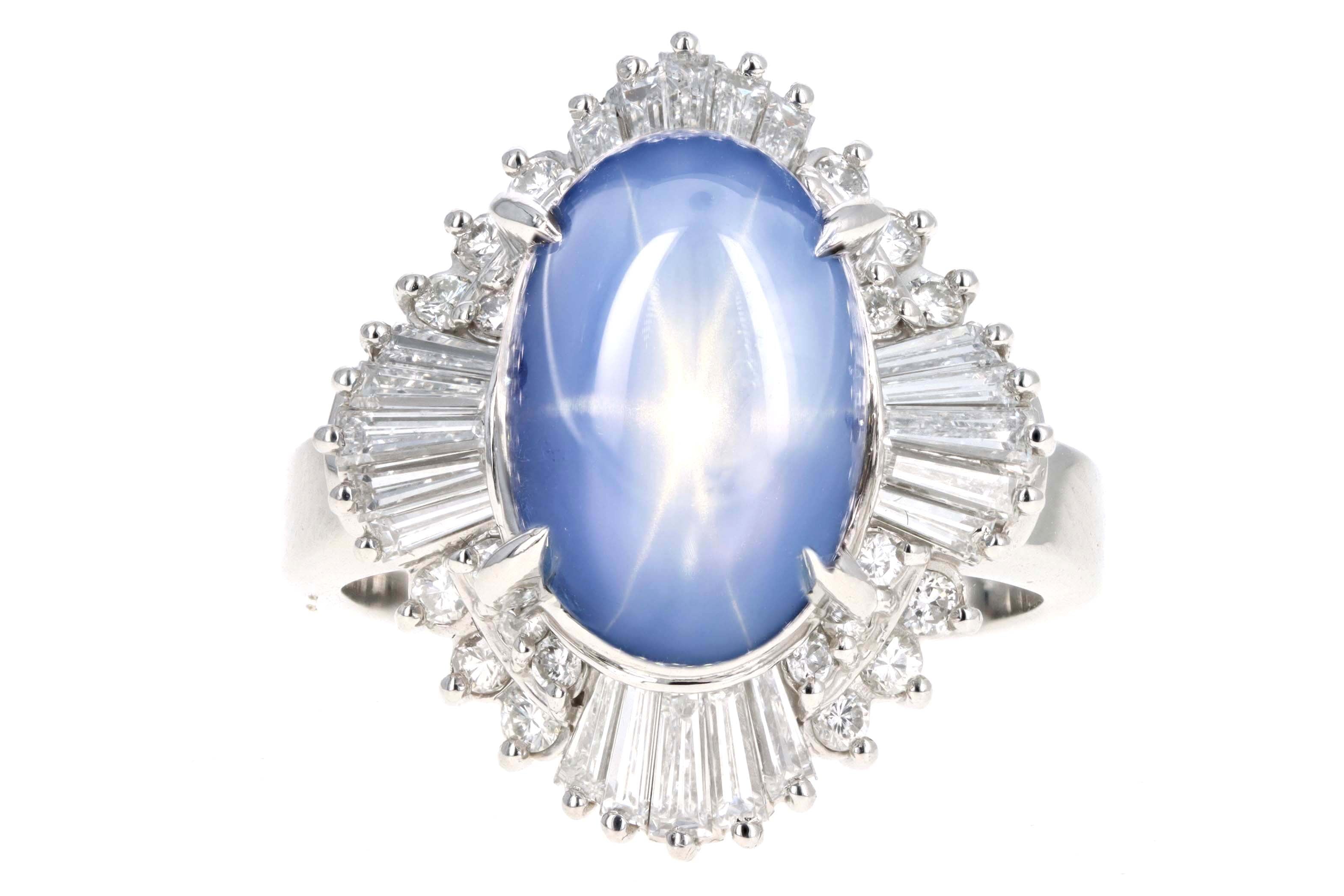 Retro Platinum 8.18 Carat Natural Star Sapphire & Diamond Fan Ring