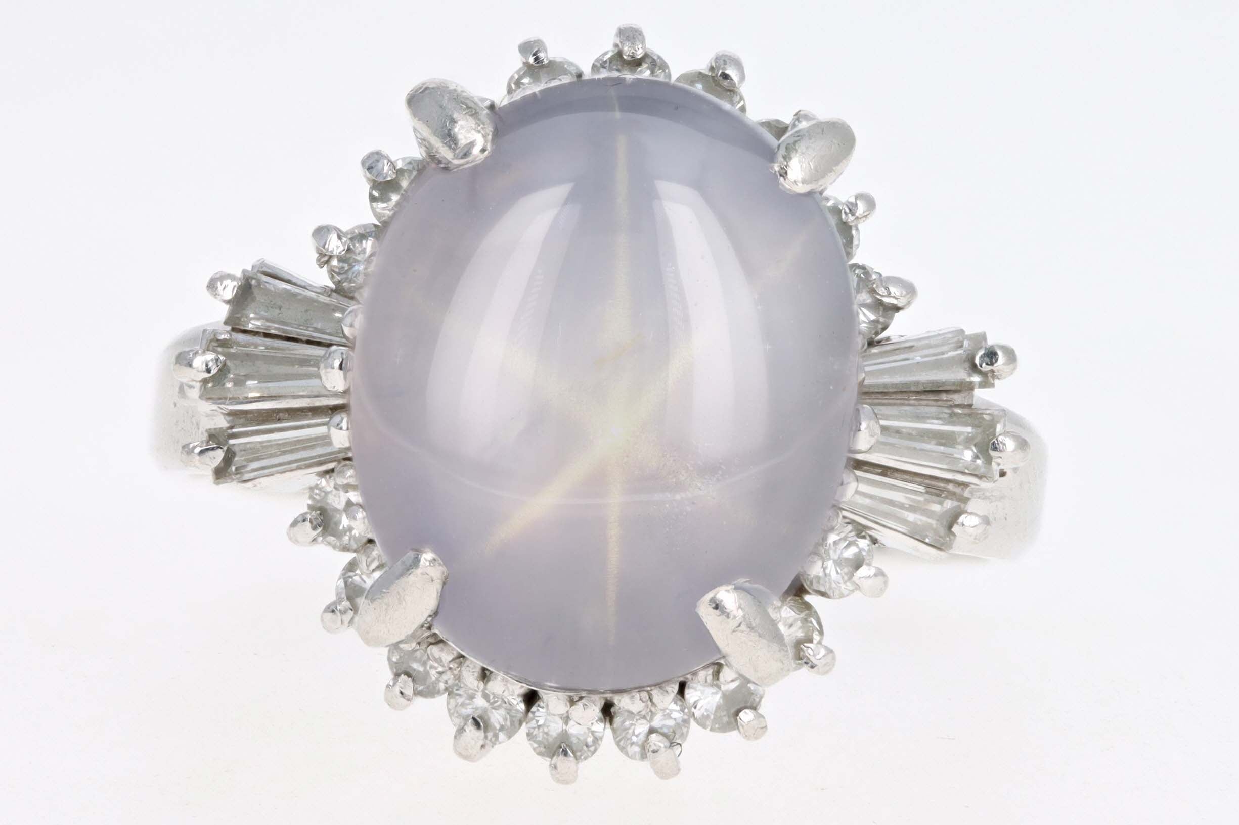 Retro Platinum 7.71 Carat Natural Star Sapphire & Diamond Fan Ring