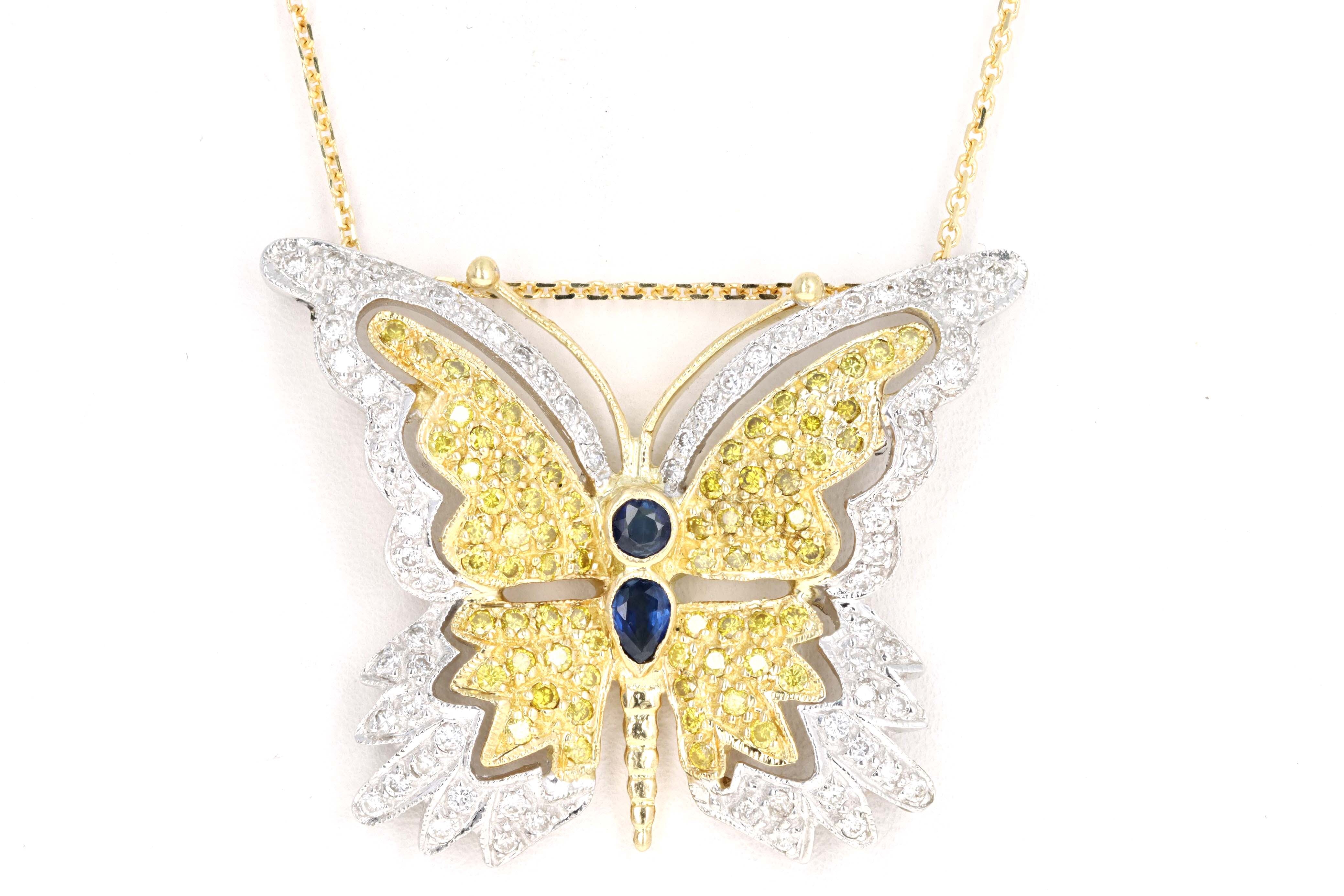 18K Yellow Gold 1.27 Carat Total Weight Sapphire & Yellow Diamond Butterfly Pendant Necklace