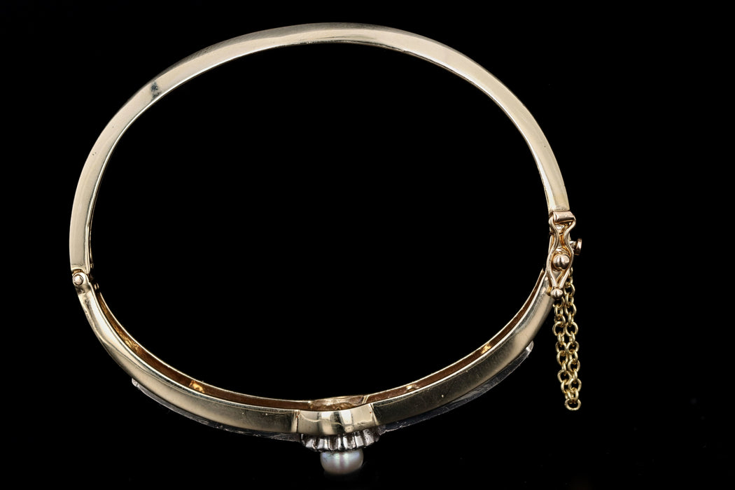 Victorian 14K Yellow Gold Enamel Pearl & Diamond Bangle — Queen May