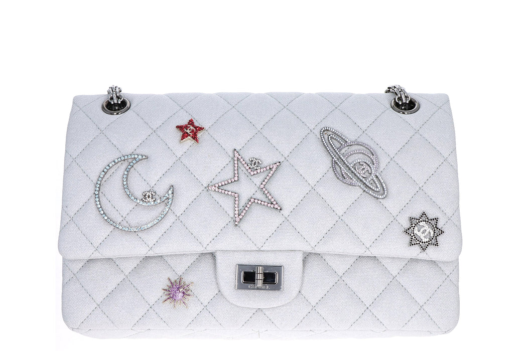 Chanel Limited Edition Silver Canvas Reissue Space Charms 266 Flap Bag