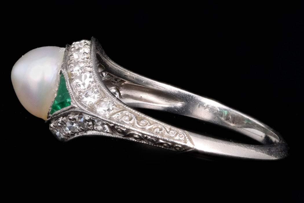 Art Deco Pearl Trillion Cut Emerald & Diamond Knife Edge Ring — Queen May