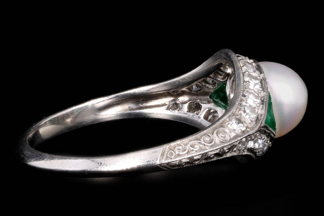 Art Deco Pearl Trillion Cut Emerald & Diamond Knife Edge Ring — Queen May
