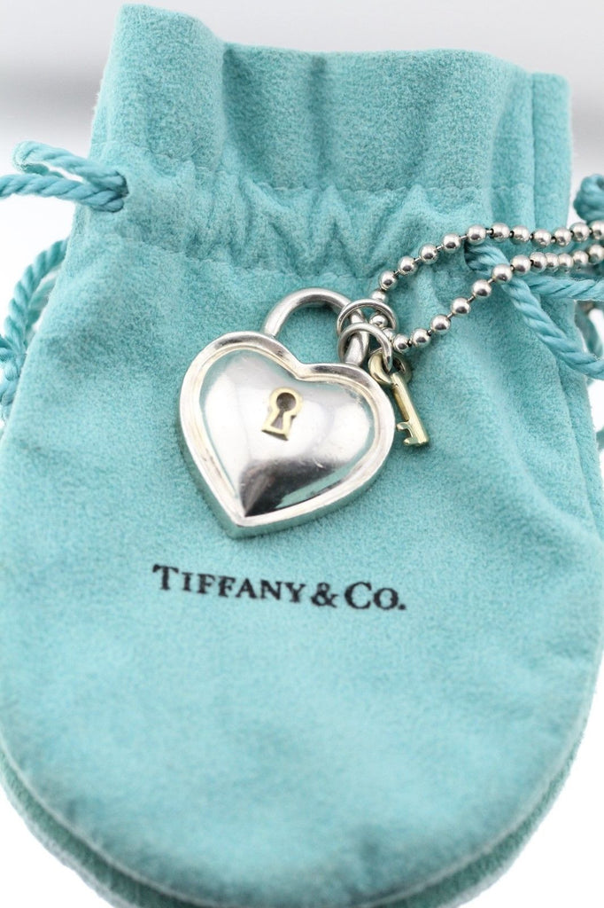 VINTAGE 1994 RARE Tiffany & Co Silver 18K Gold Heart Padlock Key Neckl ...