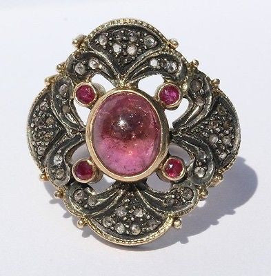 Custom Made Victorian Revival 18K Gold Pink Tourmaline, Diamond & Ruby ...