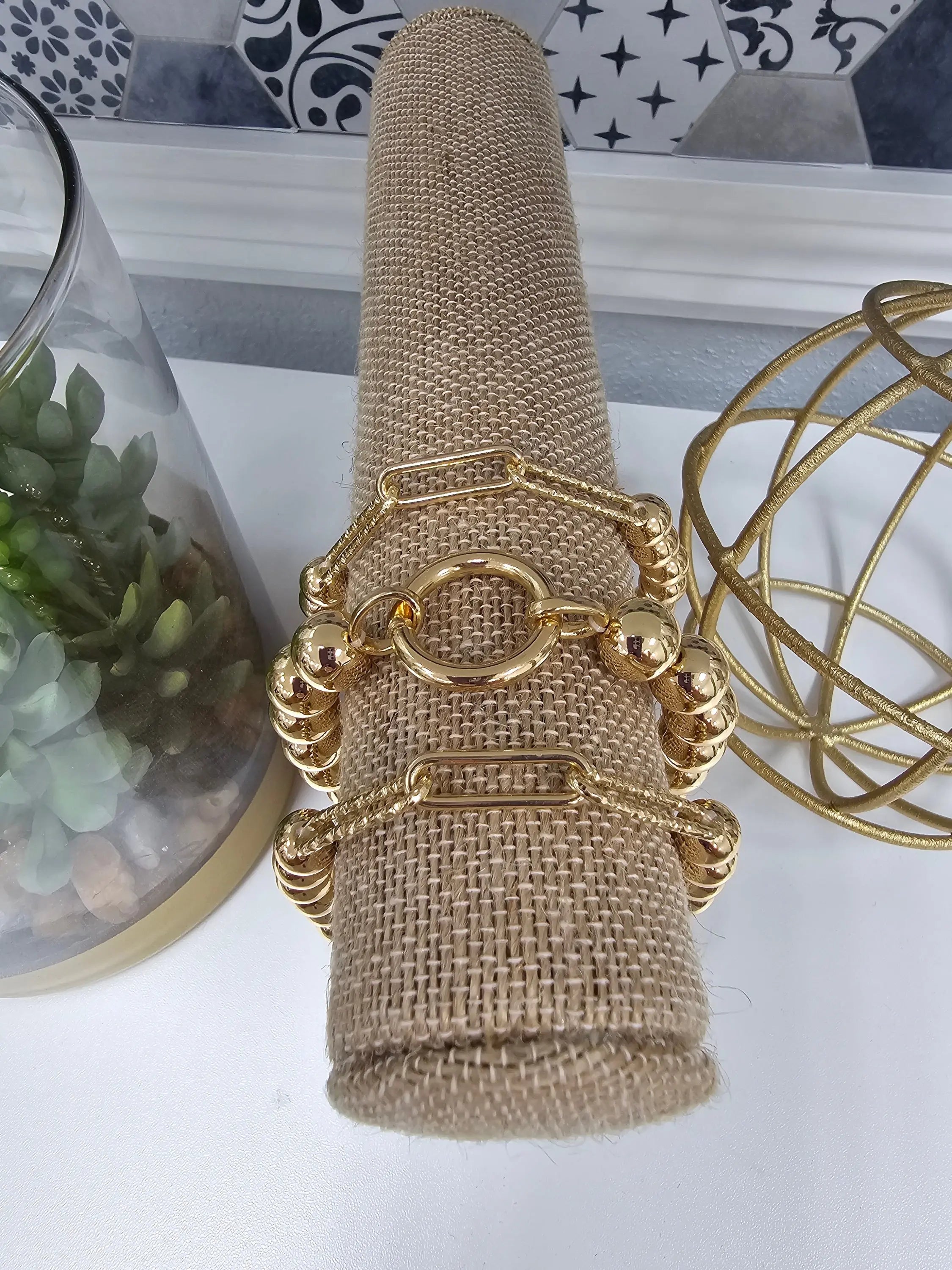 3 Gold Beaded and Open Chain Stretch Bracelets