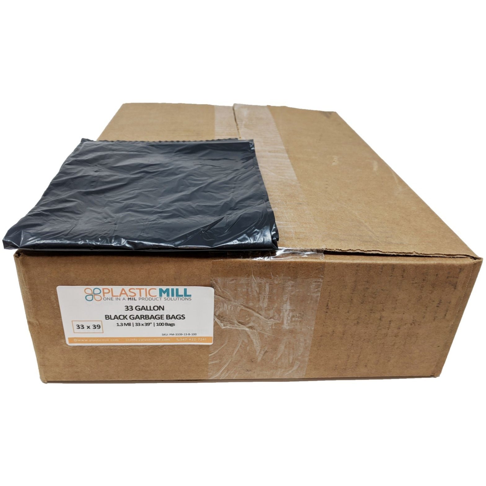 PlasticMill 33 Gallon Garbage Bags: Clear, 33x39, 1.3 mil, 100 Bags.