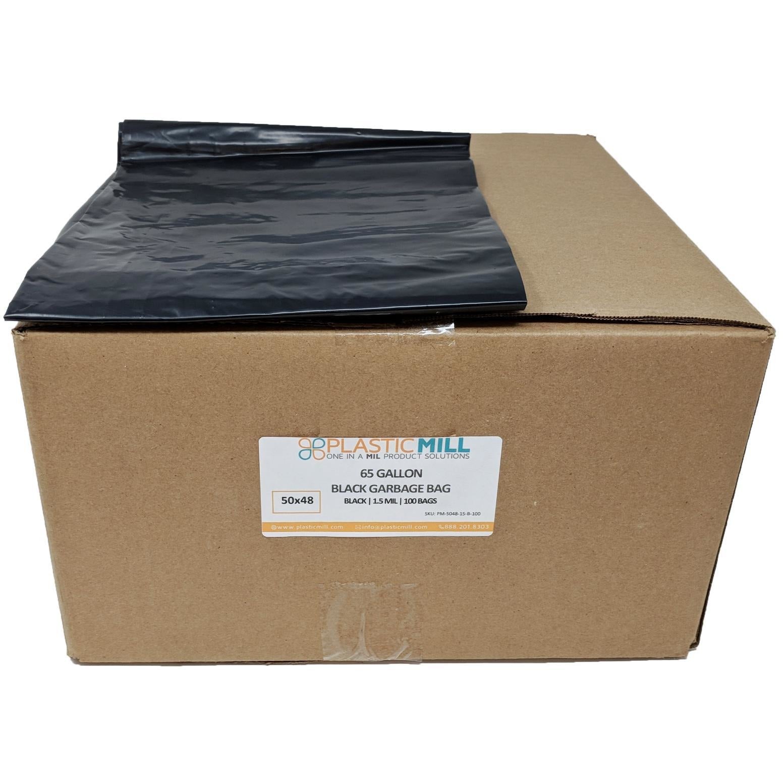 PlasticMill 95 Gallon Garbage Bags: Black, 1.5 mil, 61x68, 10 Bags.