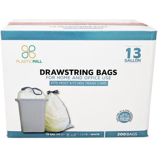 PlasticMill 4 Gallon, White, Drawstring, 0.7 mil, 17x16, 100 Bags/Case, Garbage Bags / Trash Can Liners.