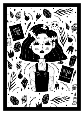 Black and white illustration of a young witch with shoulder length black hair, wearing a white ribbed turtleneck and black overalls, looking at the viewer with a slightly annoyed expression on her face. She is surrounded by witchy objects, including candles, potion bottles, herbs, and books with the titles "Spells 101" and "Herbs and How to Use Them."