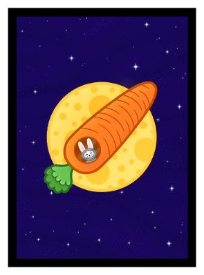 illustration of an astronaut bunny in a carrot-shaped rocket, flying in front of a bright moon