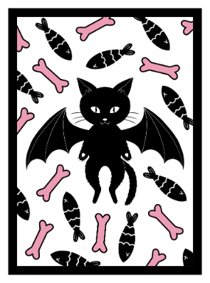 Illustration einer fliegenden schwarzen Katze mit Fledermausflügeln, umgeben von rosa Knochen und schwarzen Fischen.