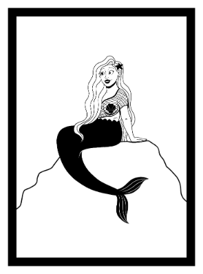 Black and white illustration of a mermaid with wavy Blonde hair, wearing a fish net top and seashell bra, perched atop a rock and smiling.