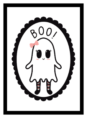 Illustration of a smiling ghost girl with striped socks and a pink bow.