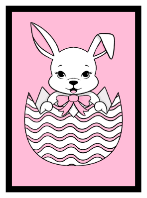 Illustration eines weißen Hasen, der in einem Osterei mit rosa Kringeln sitzt