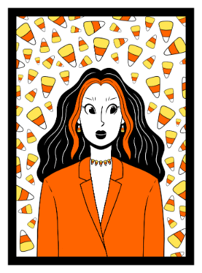 Illustration of  a girl with long, wavy black hair with orange streaks framing her face. She is wearing an orange blazer and a necklace made of candy corn. She is surrounded by floating candy corn.